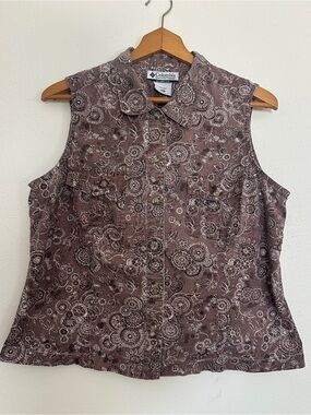 Columbia Sportswear Floral Paisley Sleeveless Button Down Blouse Top Brown PXL